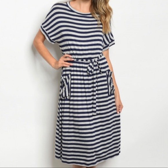 Navy and Gray Stripped Dress with Pockets - HP - Picture 2 of 3
